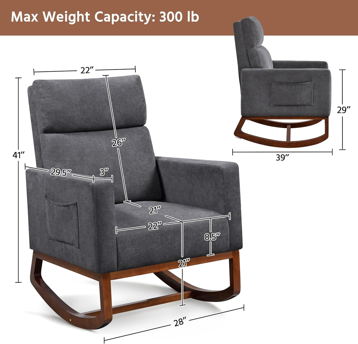 Yaheetech 28in Wide Padded High Back Glider Rocking Chair, Gray Polyester