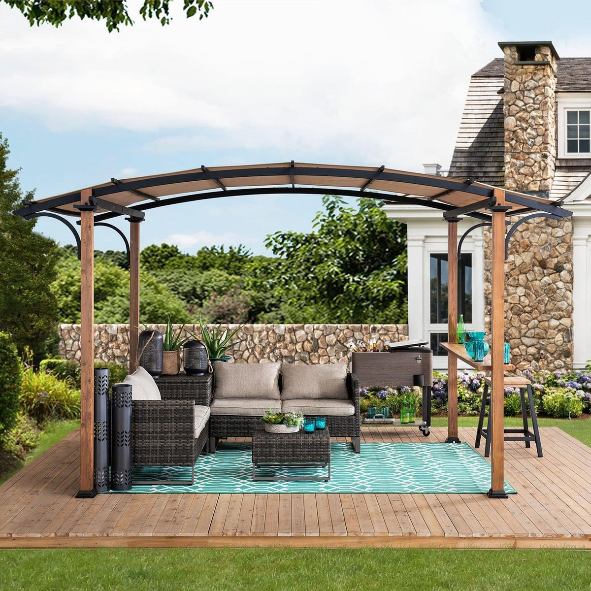 SUNJOY Outdoor Pergola 8.5 x 13 ft. Steel Arched Pergola with Tan Weather-Resistant Heavy-Duty Textilene Fabric Canopy and Bar Shelf – Compact Steel Pergola for Patio, Backyard, Garden Activities