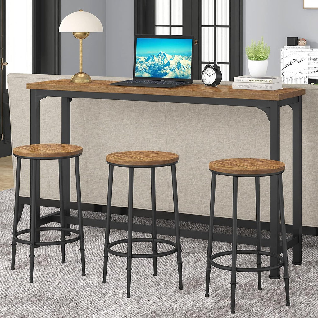 Bar Table Set for 3, 4 Piece Console Table with 3 Stools, Counter Height Sofa Table Set with 3 Chairs for Breakfast Nook, Living Room and Apartment (Brown)