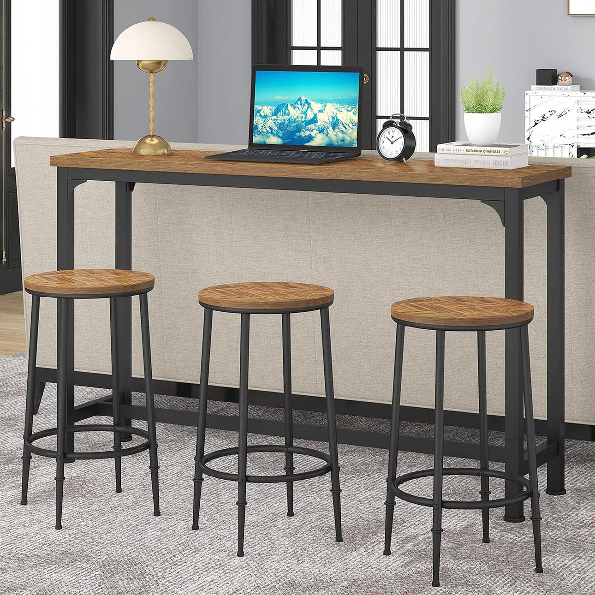 Bar Table Set for 3, 4 Piece Console Table with 3 Stools, Counter Height Sofa Table Set with 3 Chairs for Breakfast Nook, Living Room and Apartment (Brown)