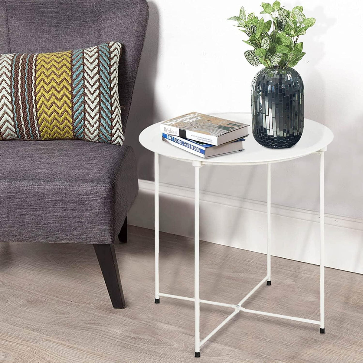 Garden 4 you End Table Metal Side Table Round Folding Tray Cyan Sofa Small Accent Fold-able Table, Round End Table Tray, Next to Sofa Table, Snack Table for Living Room and Bed Room,White