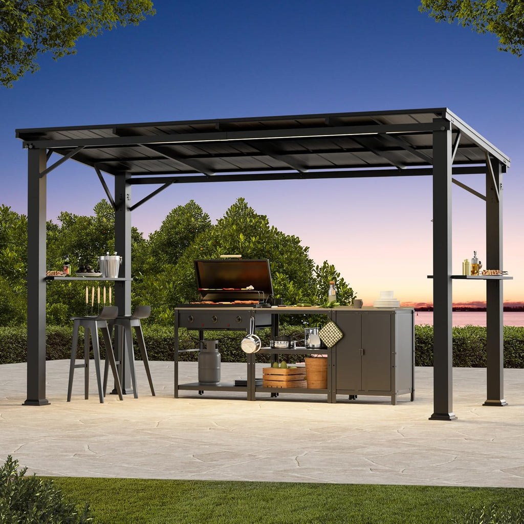 Covered Outdoor Grill Gazebo 6'x12'with Side Shelf, Outdoor Hardtop Gazebo with Bottle Opener & Hooks, Grill Canopy with Sturdy Rustproof Design for Backyard, Garden, Patio,Black