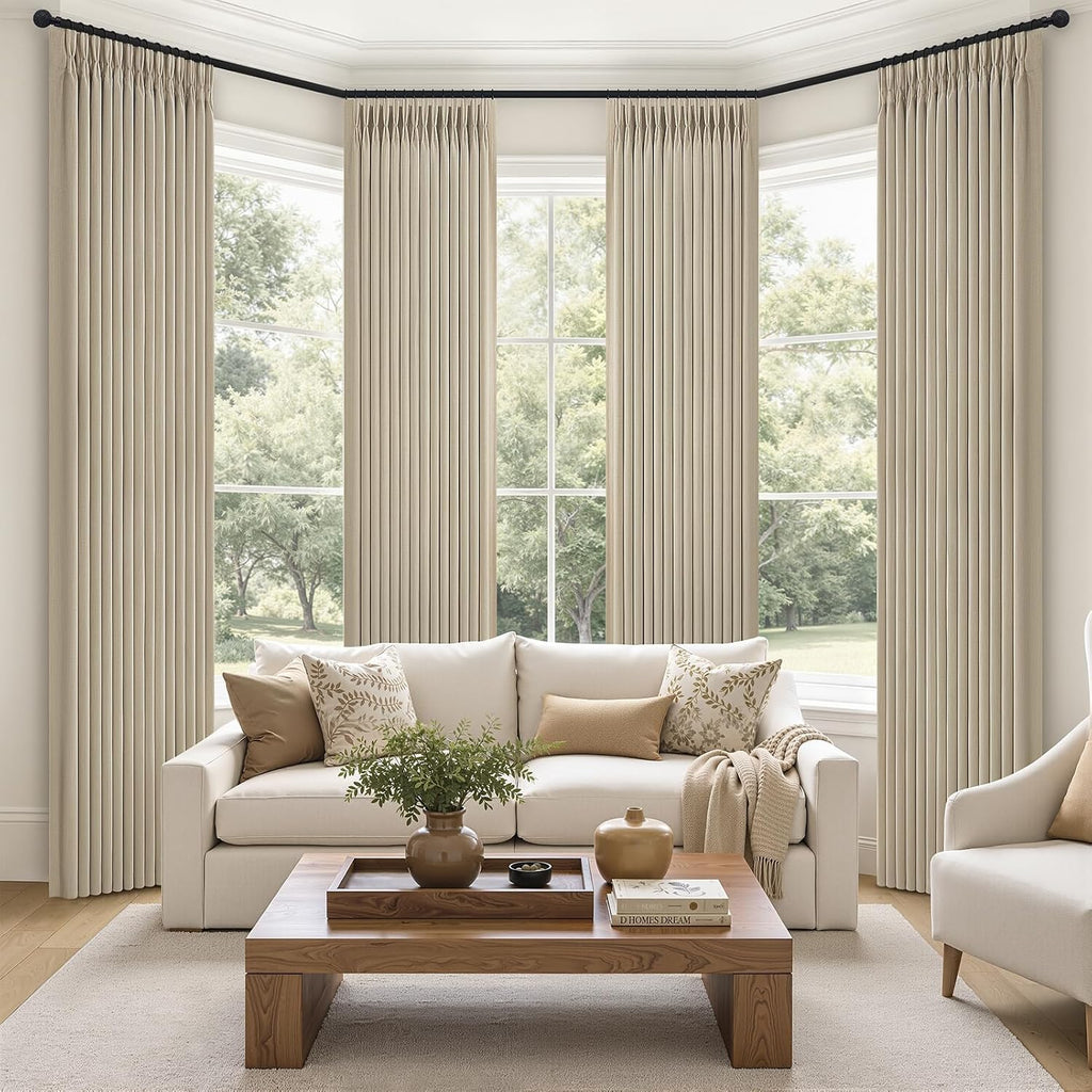 Pinch Pleated Linen Blackout Living Room Curtains 4 Panels Set 96 Inches Long, Natural Memory Trained Double Layer Linen Soundproof Thermal Modern Window Curtain & Drapes for Sliding Doors 8 FT Length