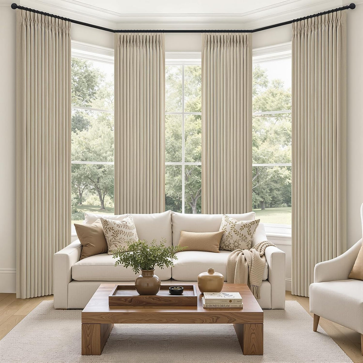 Pinch Pleated Linen Blackout Living Room Curtains 4 Panels Set 96 Inches Long, Natural Memory Trained Double Layer Linen Soundproof Thermal Modern Window Curtain & Drapes for Sliding Doors 8 FT Length