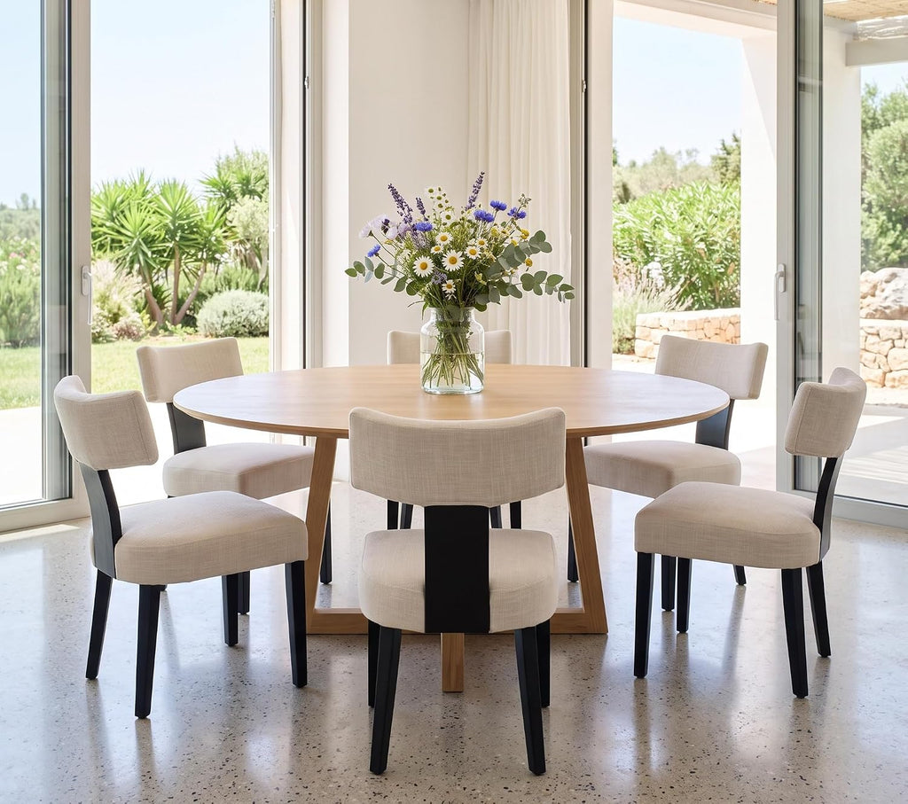 RIVOVA Mid Century Modern Dining Chairs Set of 6 Farmhouse Linen Fabric Upholstered Dining Room Chairs Kitchen Chairs with Curved Backrest Black Wood Legs, Beige