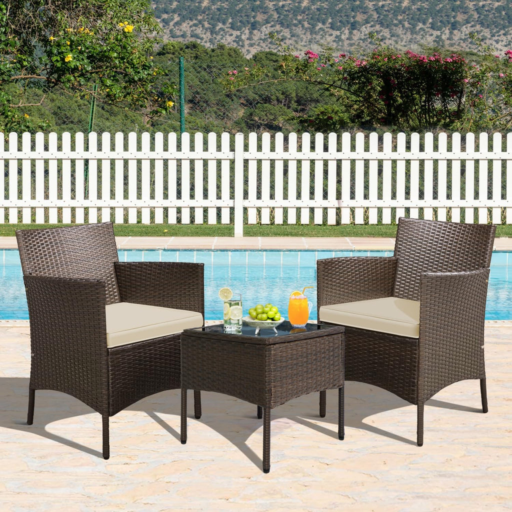 Yaheetech 3 Pieces Patio Porch Furniture Set, Outdoor PE Rattan Wicker Conversation Set with Soft Cushions, Glass Coffee Table & 2 Chairs for Garden/Deck/Courtyard/Poolside, Brown/Khaki