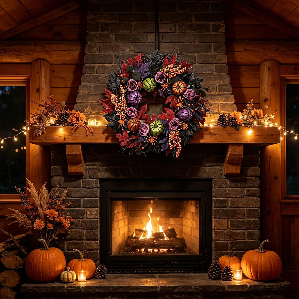 22" Halloween Wreath, Pumpkins Spiders Wreath for Front Door