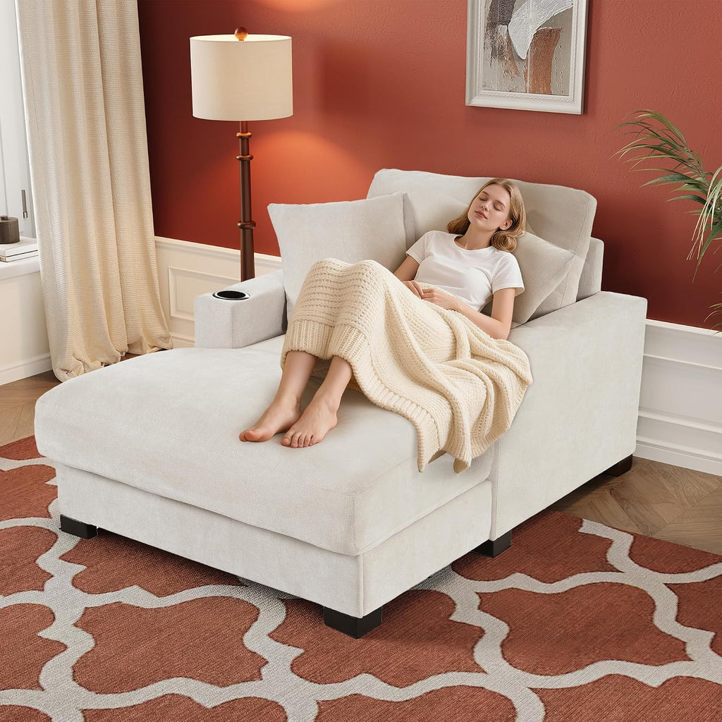 60" Oversized Chaise Lounge Chair Indoor with Adjustable Backrest & Charging Port,Wood Frame Chenille Comfy Reading Chair,Sleeper Chair w/ Cup Holder & 2 Pillows,Beige Chaise Lounge Chair for Bedroom