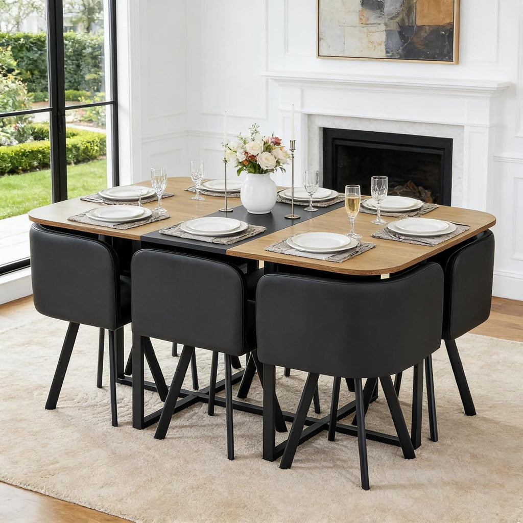 7-Piece Dining Table Set for 6,Modern Dining Room Table Set for 6 with Cushioned Chairs,59" Wood Kitchen Table Set for Home, Apartment,Office,Conference Room,Small Spaces, Space-Saving