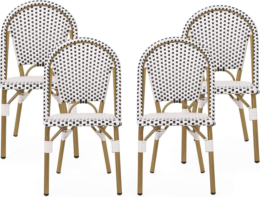 Christopher Knight Home Philomena Outdoor French Bistro Chair (Set of 4), Black + White + Bamboo Print Finish