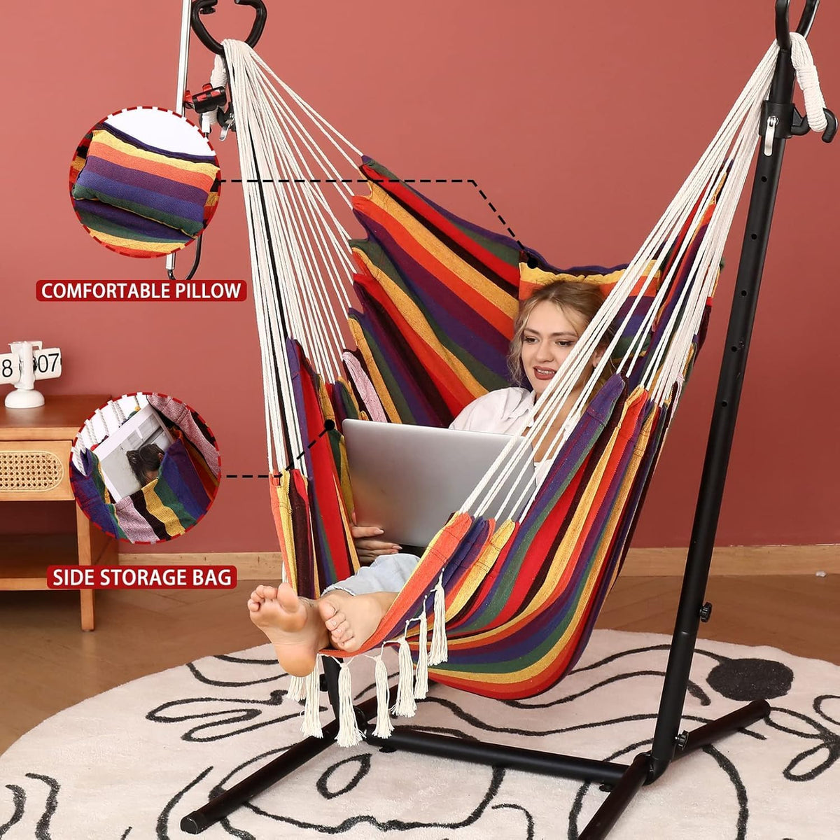 ZEYU Double Hammock Chair with Stand -Iridescent Strips