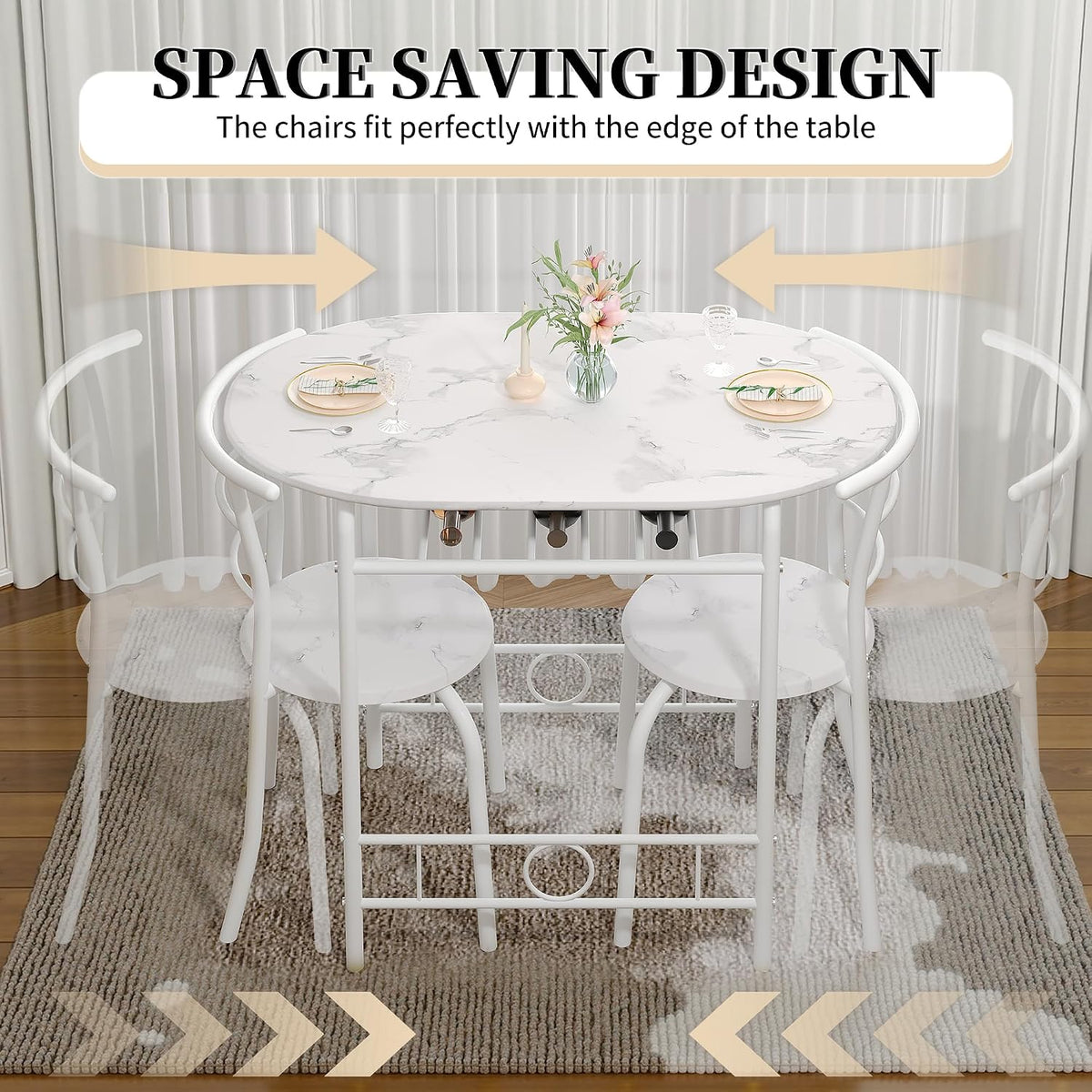VECELO 3-Piece Dining Table Set for Kitchen Breakfast Nook, Faux Marbled Oval Tabletop and Metal Frame with Built-in Wine Rack, for Small Spaces, White