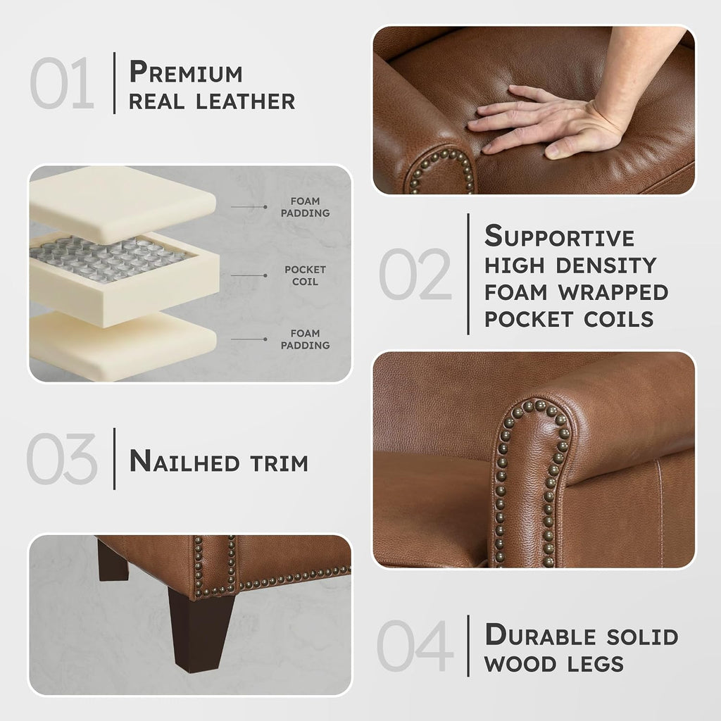 Lexicon Top Grain Genuine Leather Chair, Rolled Armrest, Brown
