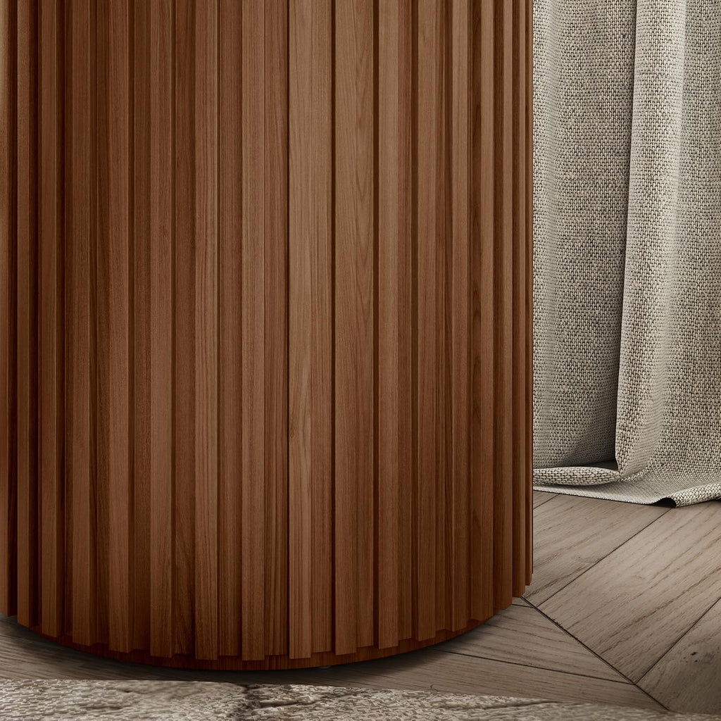 POVISON Round Coffee Side Table, Mid Century Wood End Table, Fluted Side Table for Living Room Bedroom Office, 20.08", Light Walnut