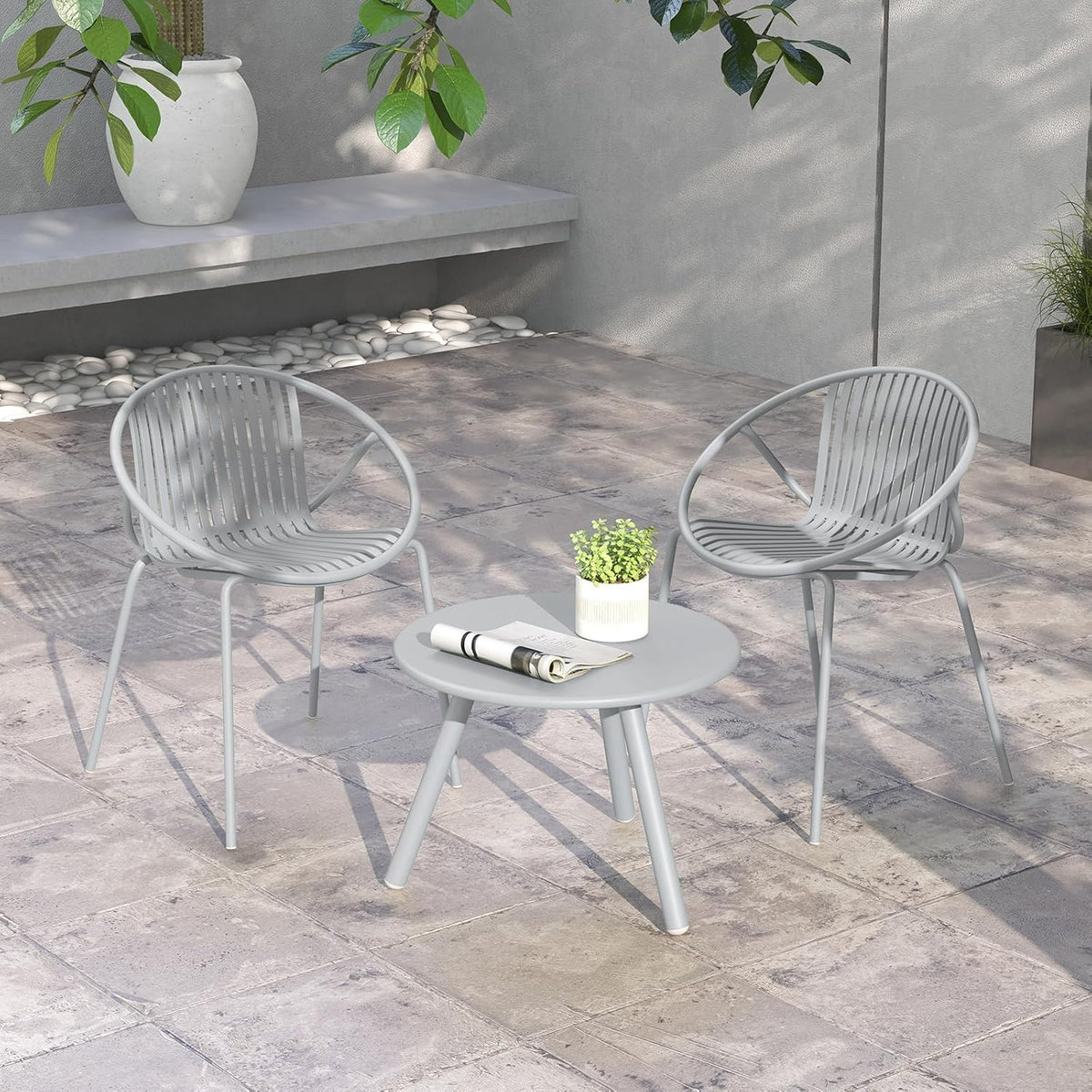 Tangkula 3-Piece Bistro Set - All-Weather PP Patio Conversation Set, Heavy-Duty Metal Frame Outdoor Acapulco Chair Set with Round Coffee Table, Perfect for Deck or Balcony (Gray)