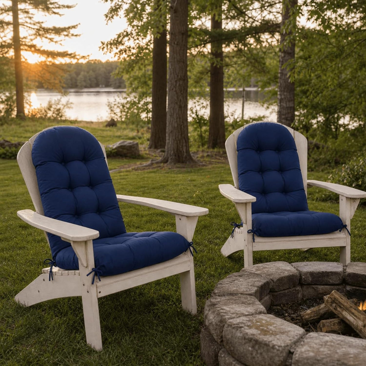 Rocking Chair Cushions Set of 2, Outdoor Thick Adirondack Chair Cushions, High Back Seat Pads for Porch Patio Chairs, Water & Fade Resistant Replacement Patio Furniture Cushion with Ties, Navy Blue