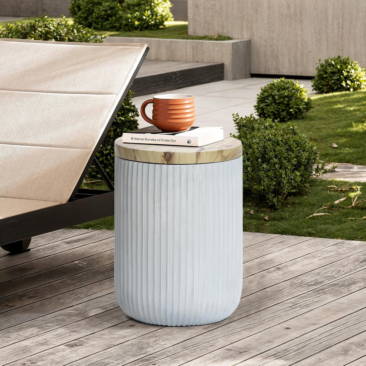 LuxenHome 18" Cement Outdoor Side Table with Storage and Wood-Look Lid
