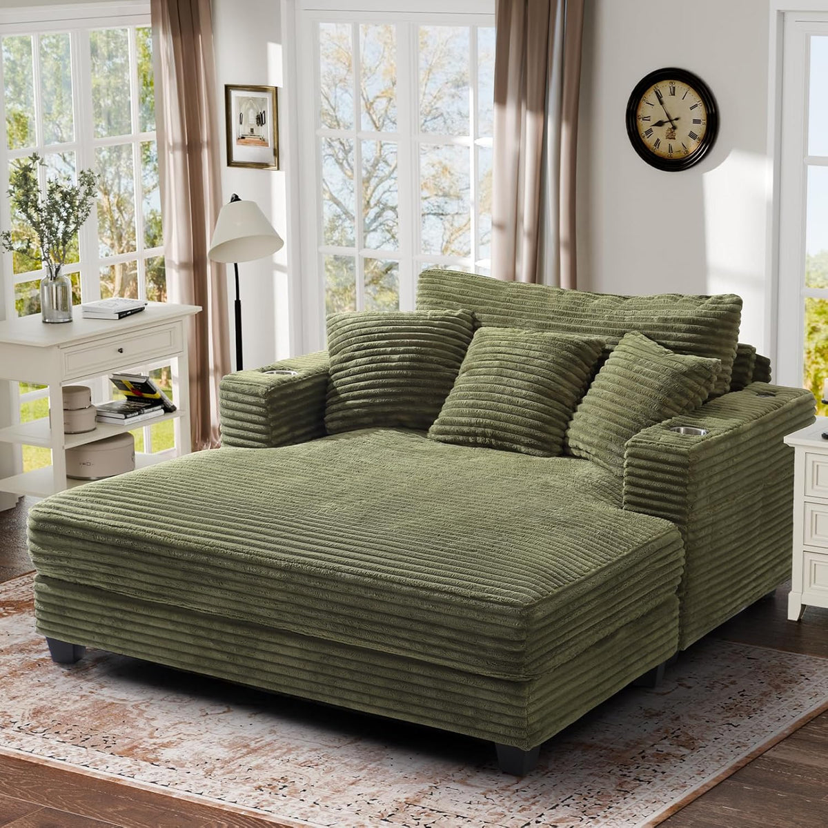 60" Oversized Chaise Lounge Chair with Wood Frame, USB Charging Port, Green