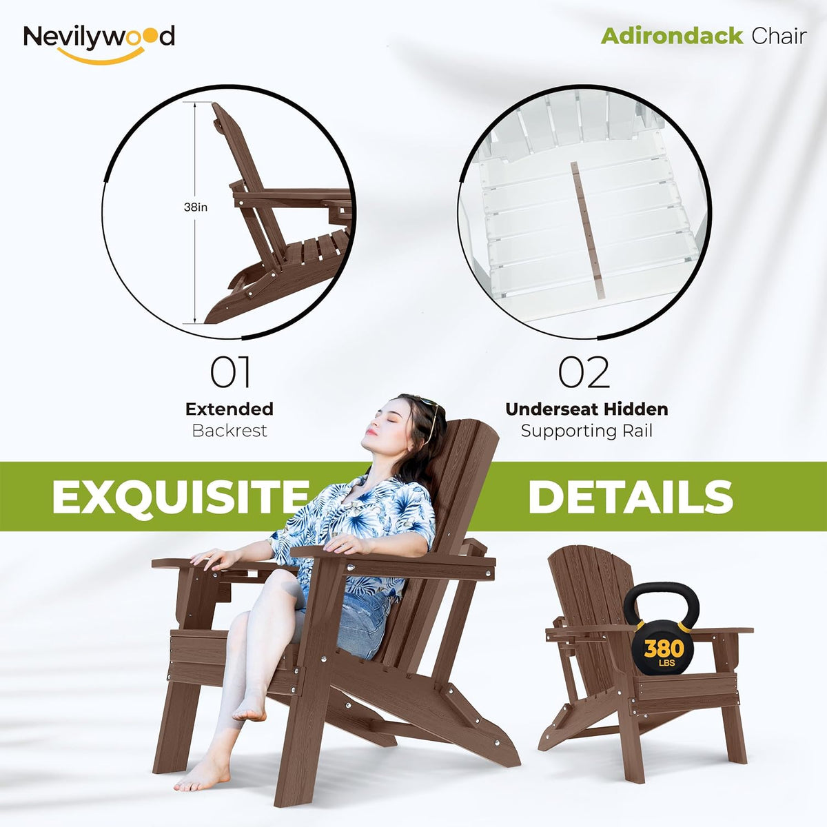 nevilywood Folding Adirondack Chairs Set of 2, HDPE Cup Holders, Coffee
