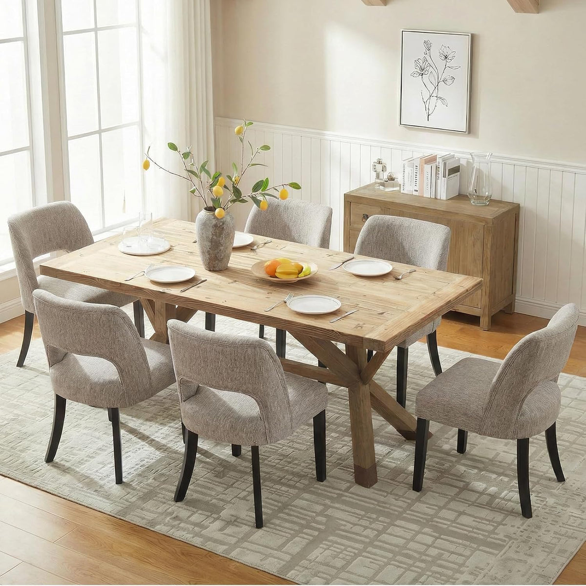 keoni Wooden Dining Chairs Set of 2, Mid Century Modern Upholstered Dining Room Chairs with Black Wood Legs, Fabric Farmhouse Kitchen Chairs with Foot Pegs for Dining Room, Light Gray