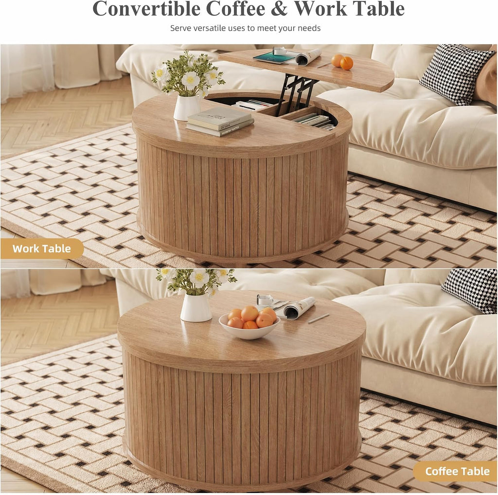 Easyego Lift Top Coffee Table for Small Spaces, 31.5" Mid-Century Modern Wooden Round Table with Storage, Circle Fluted Center Table for Living Room, Work from Home & Apartment, Natural
