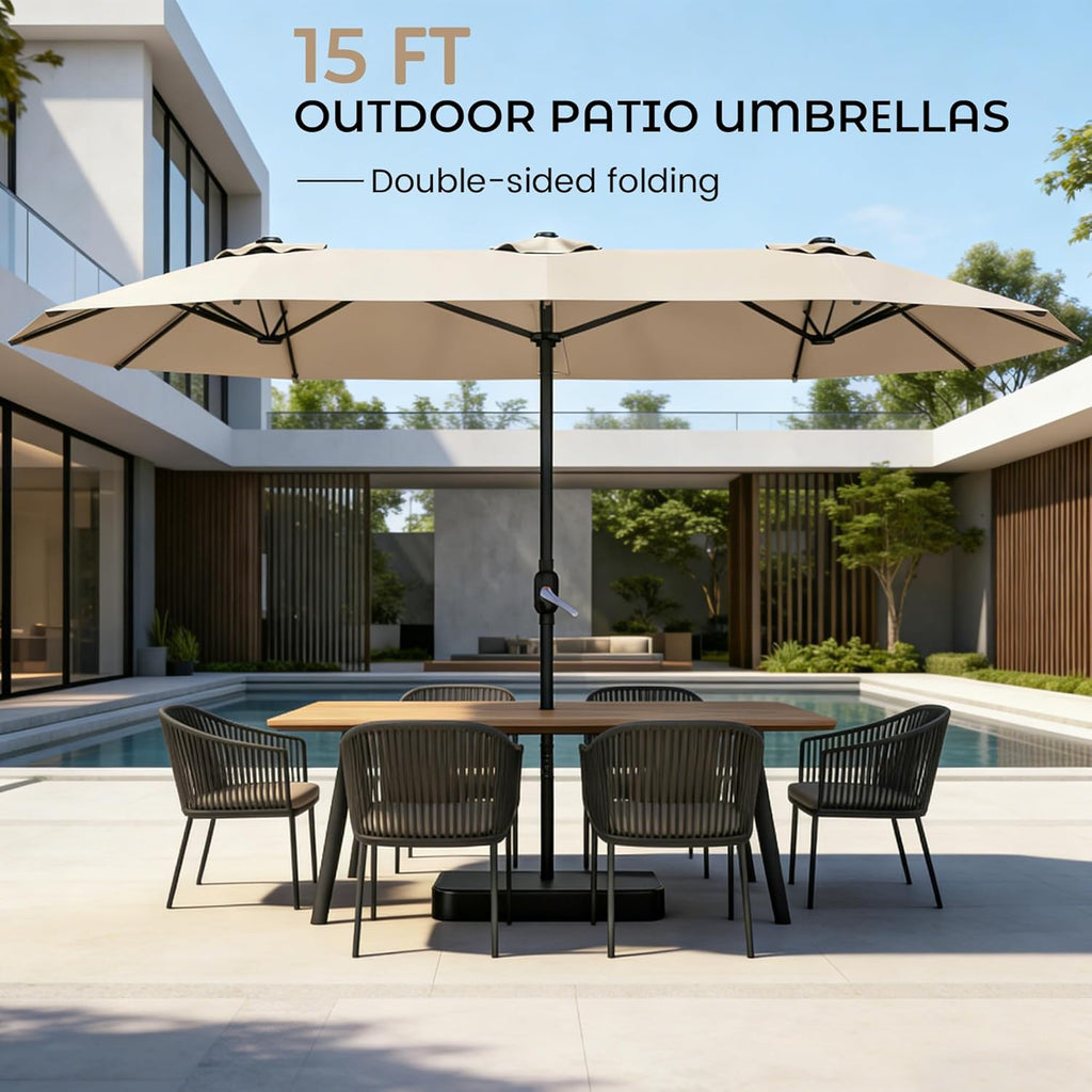15ft Patio Umbrella with Base,Large Double-Sided Rectangular Umbrella,Beige
