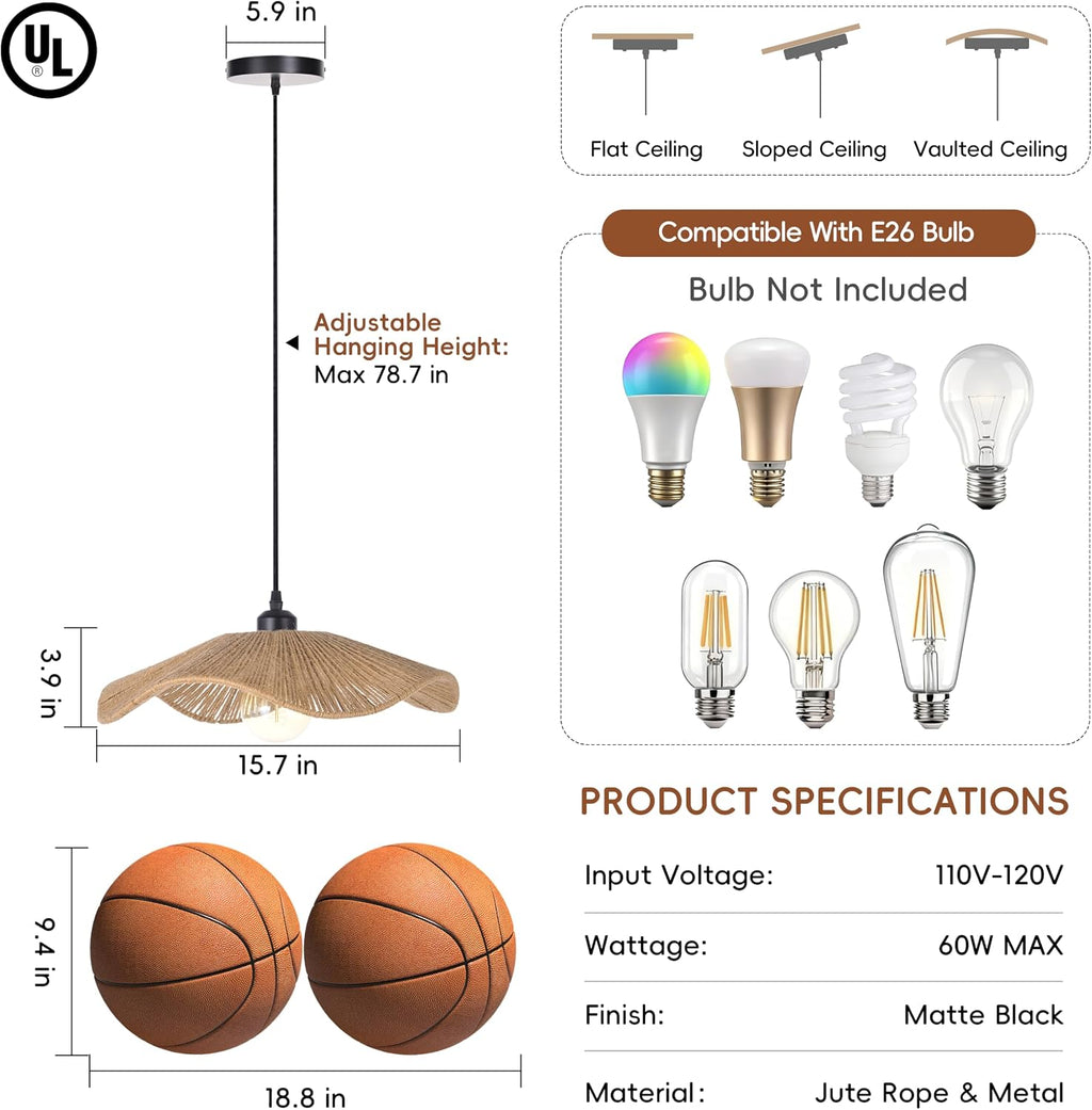 15.7" rattan pendant light for kitchen island, small showing dimensions