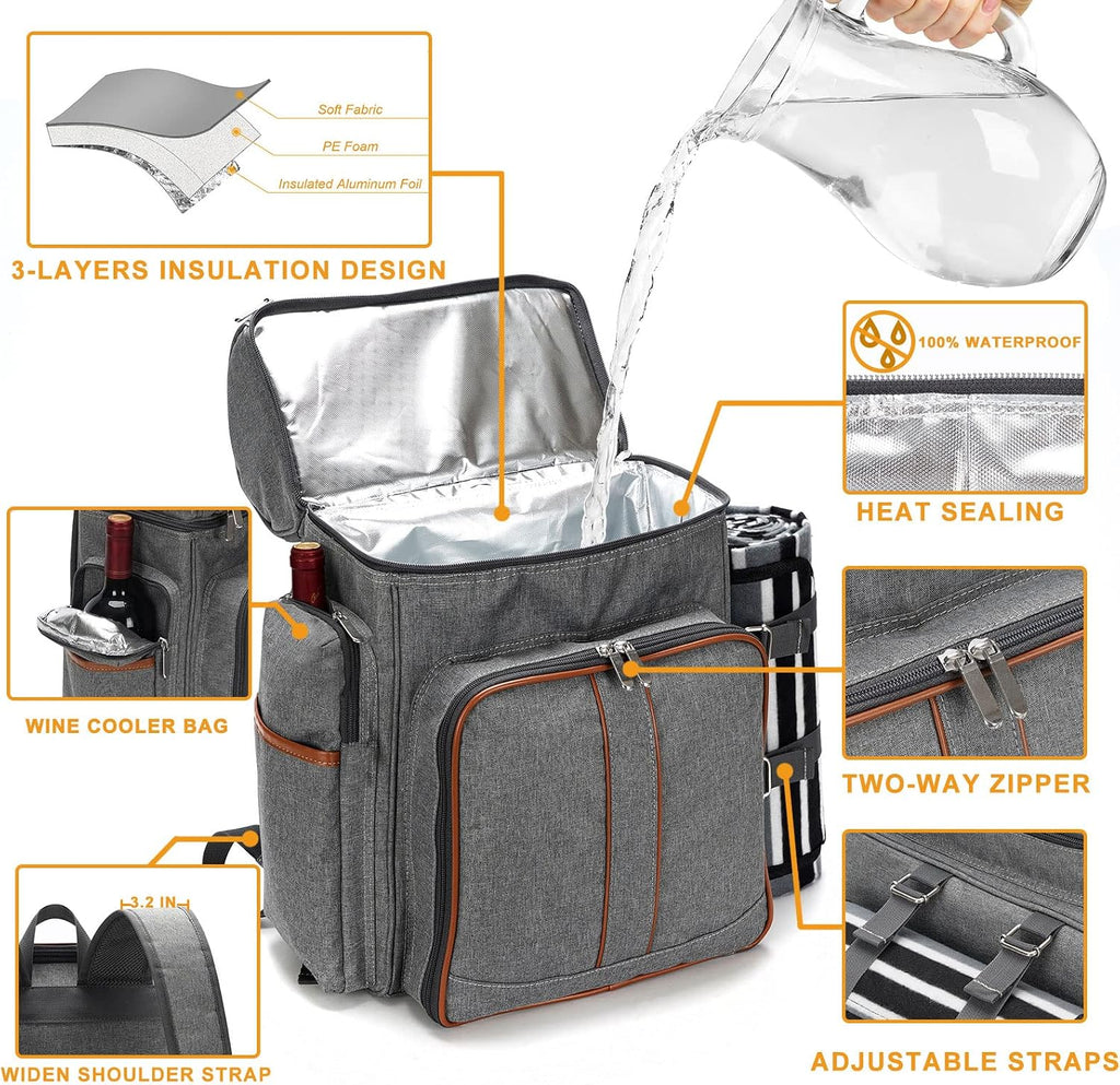 Picnic Backpack for 4, Insulated Cooler Bag with Blanket, Grey