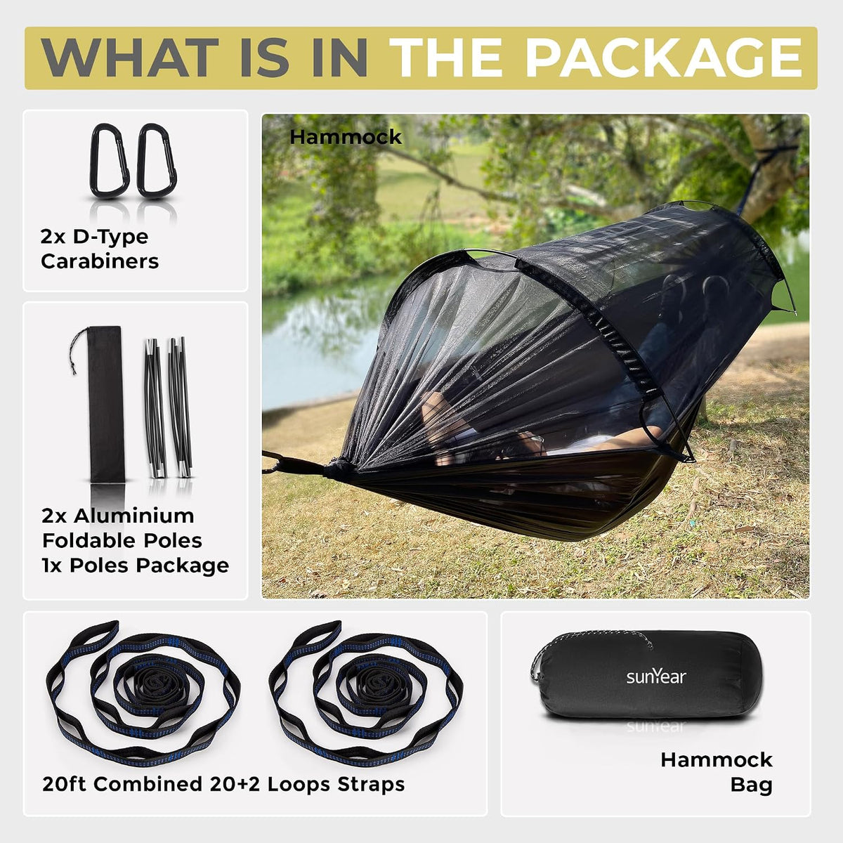 Sunyear Camping Hammock with Spacious Net, Single/Double,Outdoor&Indoor