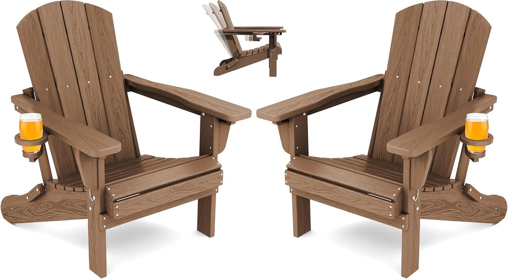SERWALL Folding Adjustable Adirondack Chairs Set of 2, Cup Holders, Brown