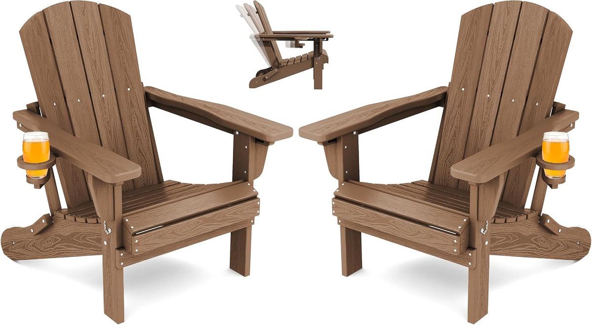 SERWALL Folding Adjustable Adirondack Chairs Set of 2, Cup Holders, Brown