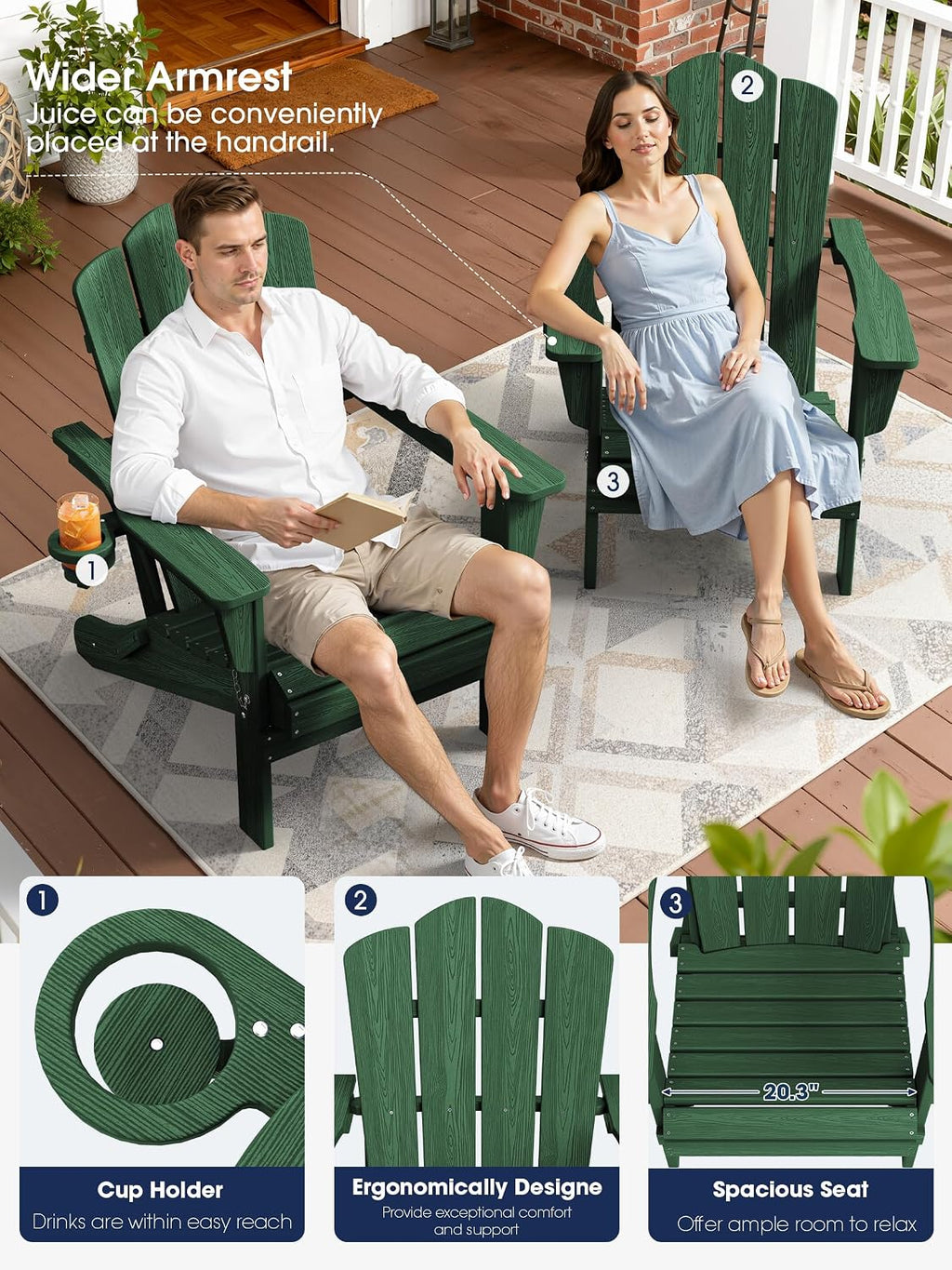 KINGYES Folding Adirondack Chair Set of 6 with Cup Holder, Green