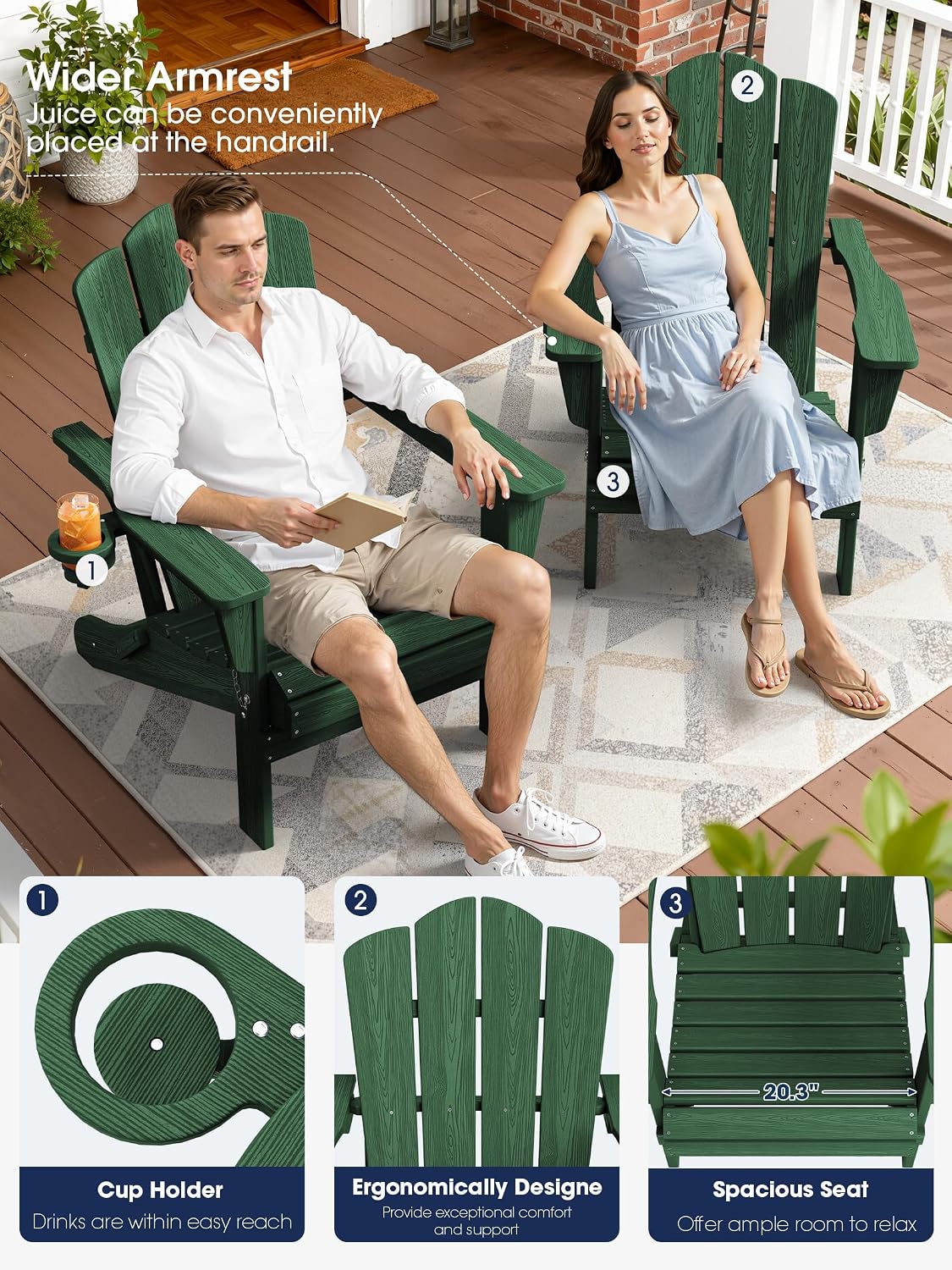 KINGYES Folding Adirondack Chair Set of 6 with Cup Holder, Green