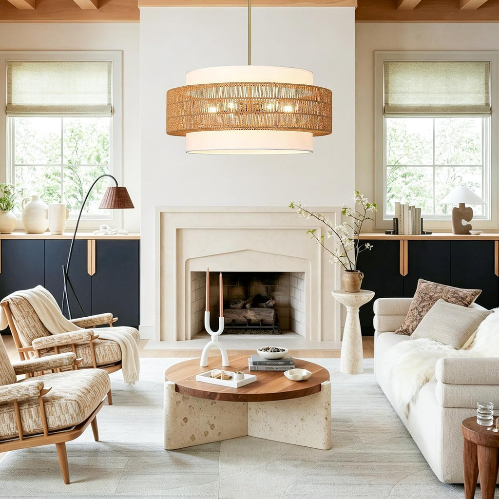 25.6" rattan chandelier for dining room, 6-light boho showing dimensions