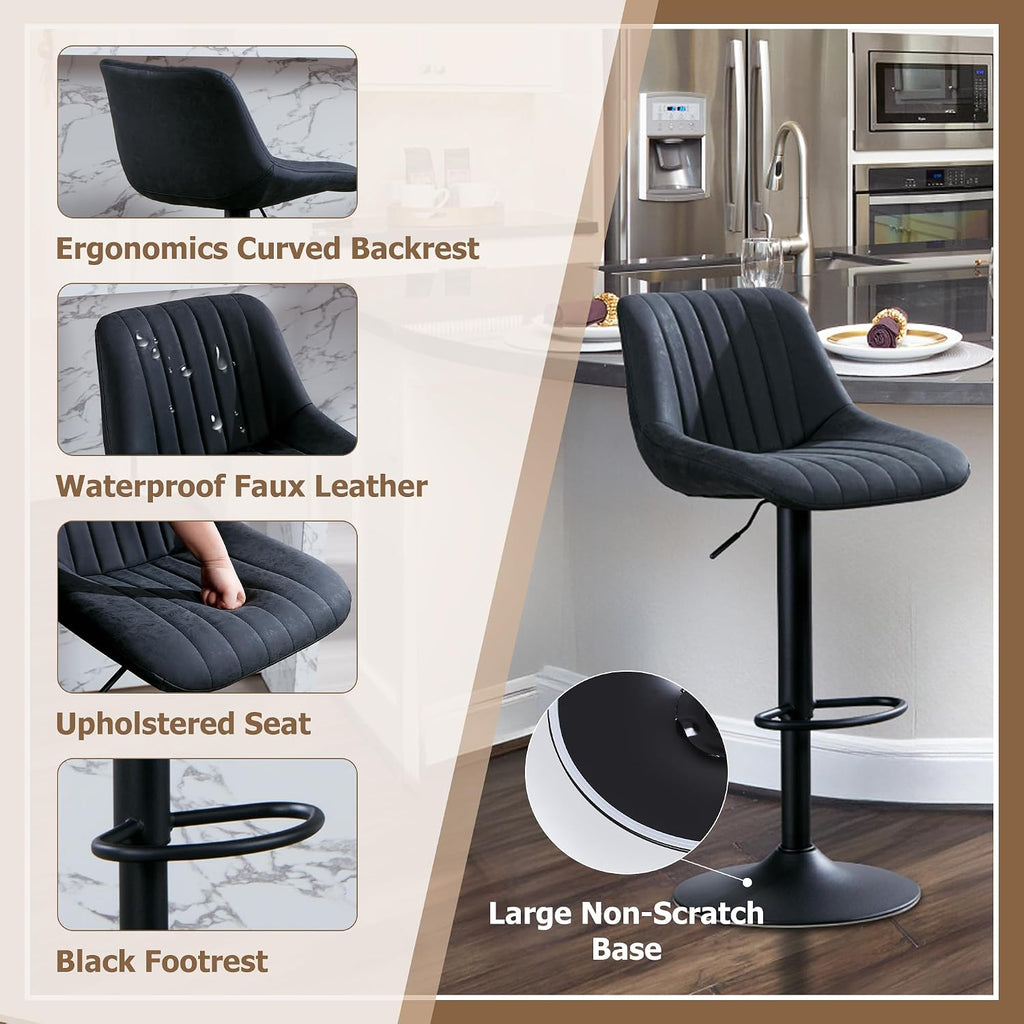 Barstools Set of 2, Faux Leather Swivel Bar Height Stools with Back, Armless Upholstered Counter Height Stools, Modern Adjustable Bar Chairs for Kitchen Island/Cafe/Dining/Restaurant, Black