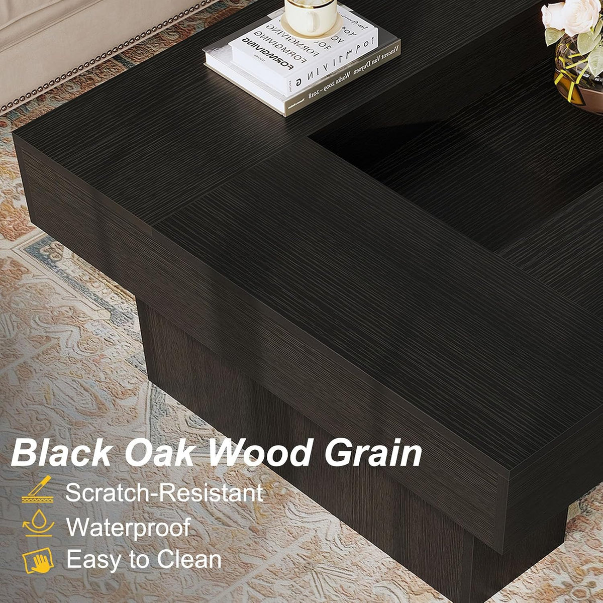 LVB 47"X31" Large Rectangle Black Oak Coffee Table with Storage Living Room