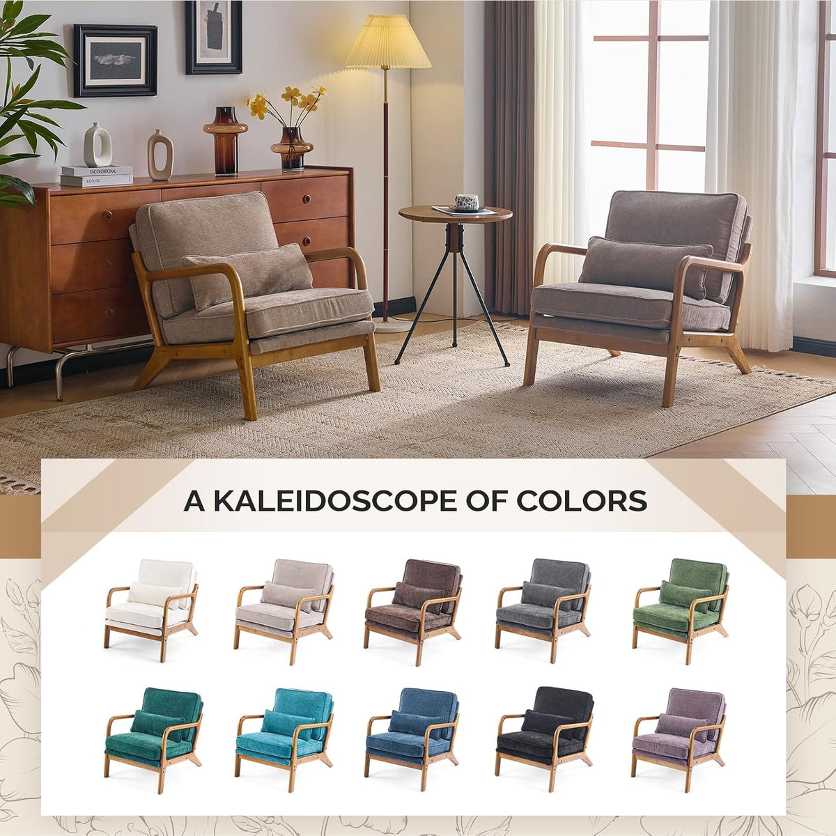 VINGLI Chenille Mid-Century Modern Accent Chair, Cute Reading Arm Chair with Cushion & Lumbar Pillow & Solid Wood Frame for Lounge, Living Room, Reading Room, Bedroom, Light Khaki