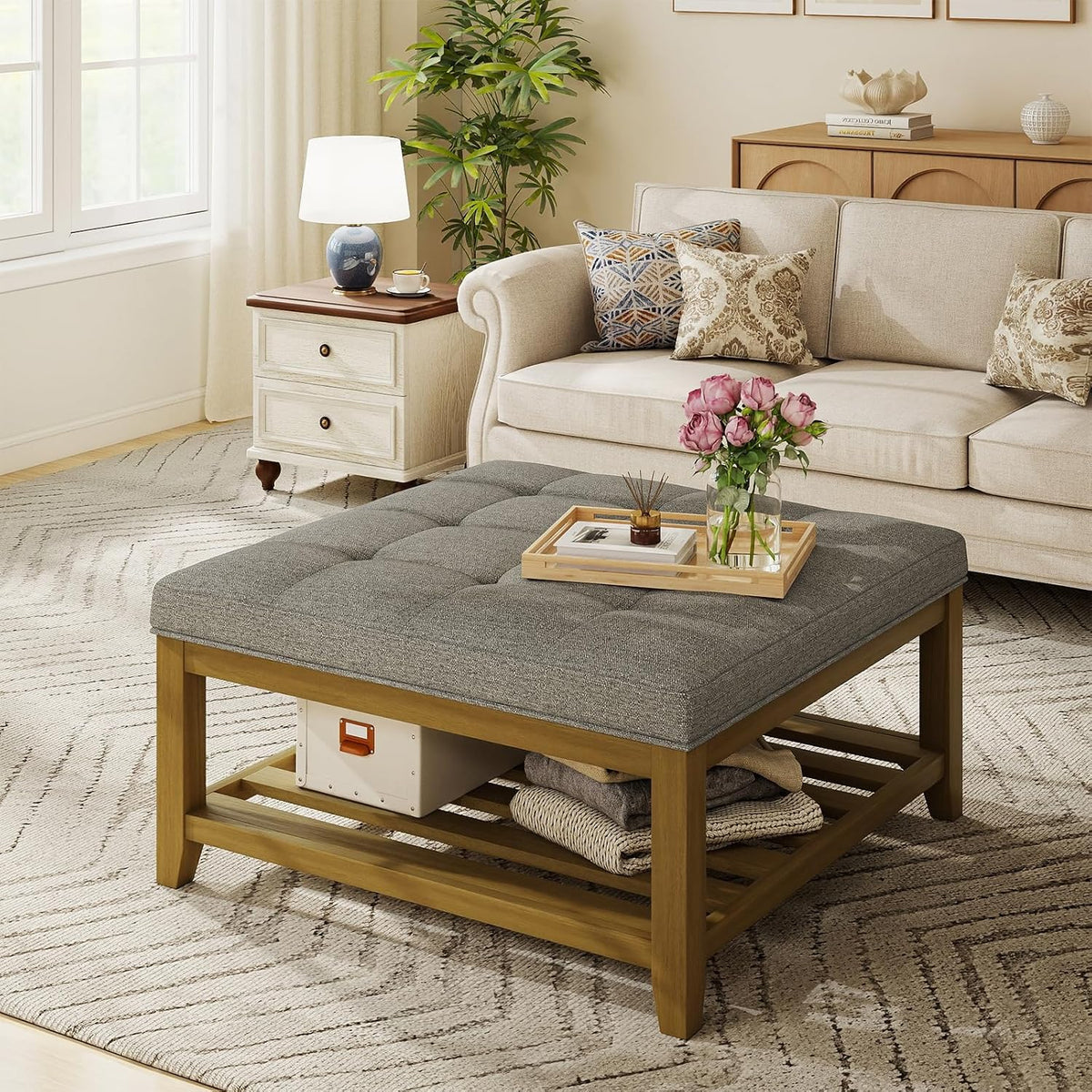 Befurtori Large Square Ottoman Coffee Table, Linen Solid Upholstered Footrest Ottoman with Solid Wood Shelf Storage Tufted Coffee Table for Bedroom Living Room, Granite