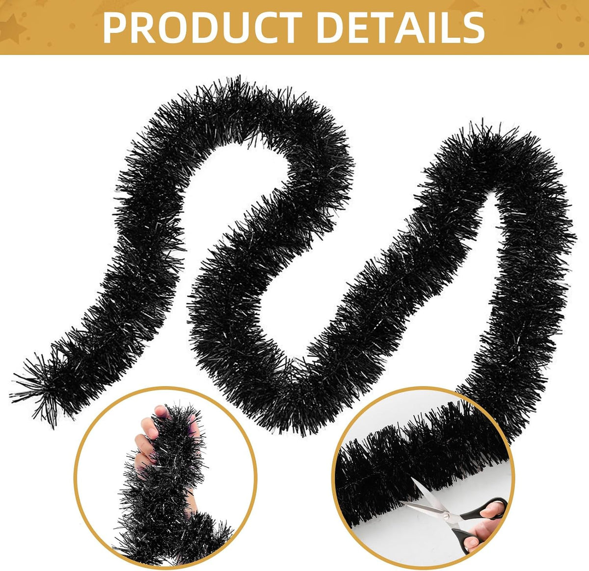 150 FT Black Tinsel Garland - Holiday Tinsel Garland for Christmas, Halloween, New Year, Birthday Parties & Tree Decorations (Black)