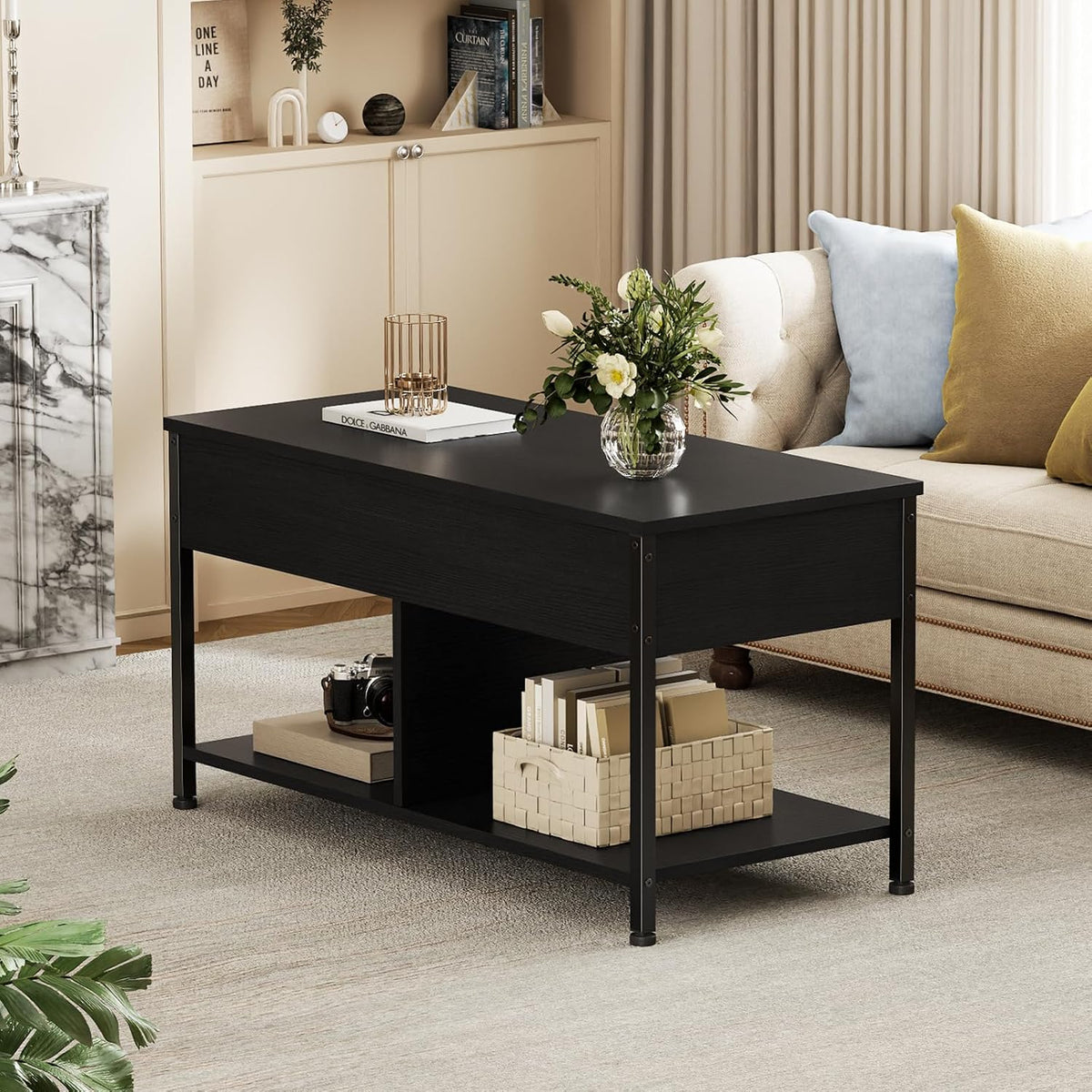 OLIXIS Coffee Table with Storage for Home Living Room Office, Black
