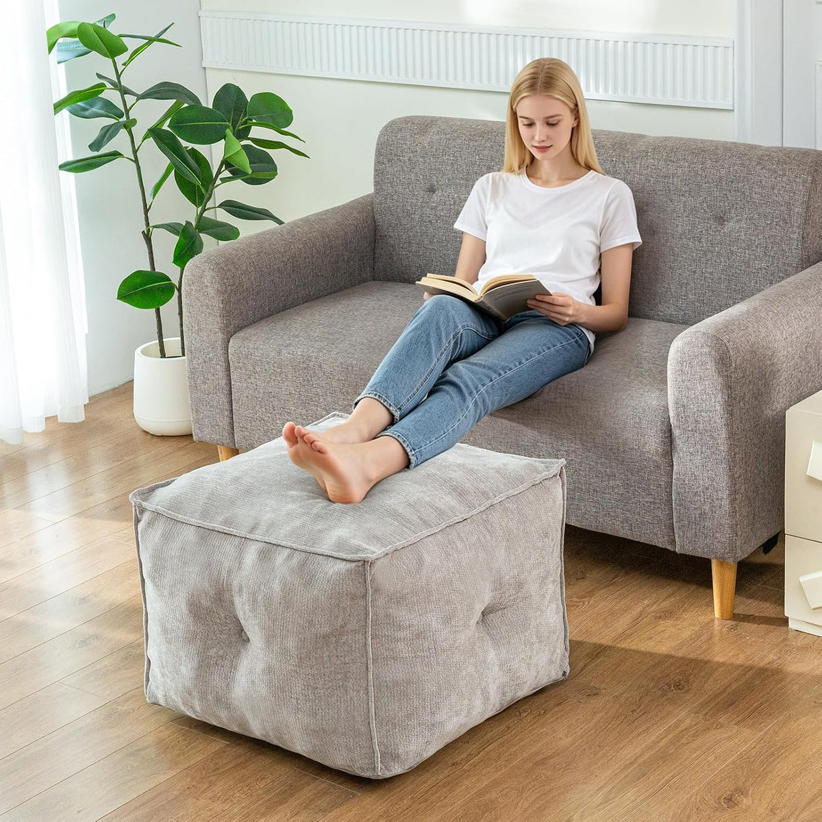 Pouf Ottoman and Foot Rest - Elevate Your Living Room Decor with Lightweight Comfort and Charm - 26 Inches Square Modern Foam Filled Foot Stool Perfect to Rest Your Feet (Grey)