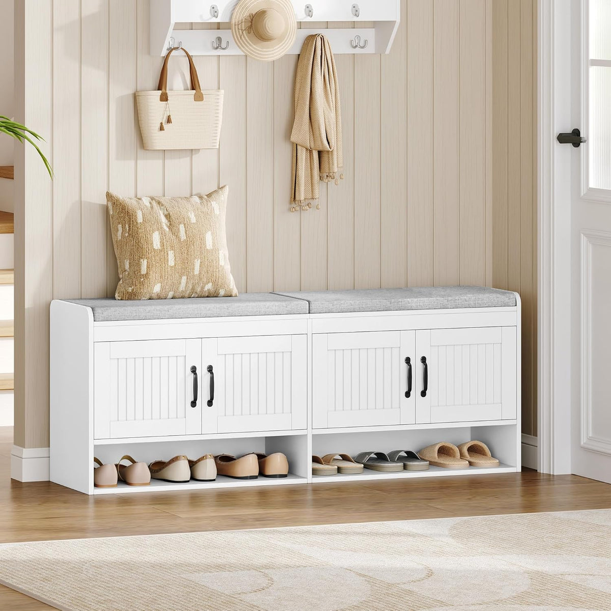 Hzuaneri 55.1" Shoe Storage Bench, Shoe Bench with 4 Doors & Padded Cushion