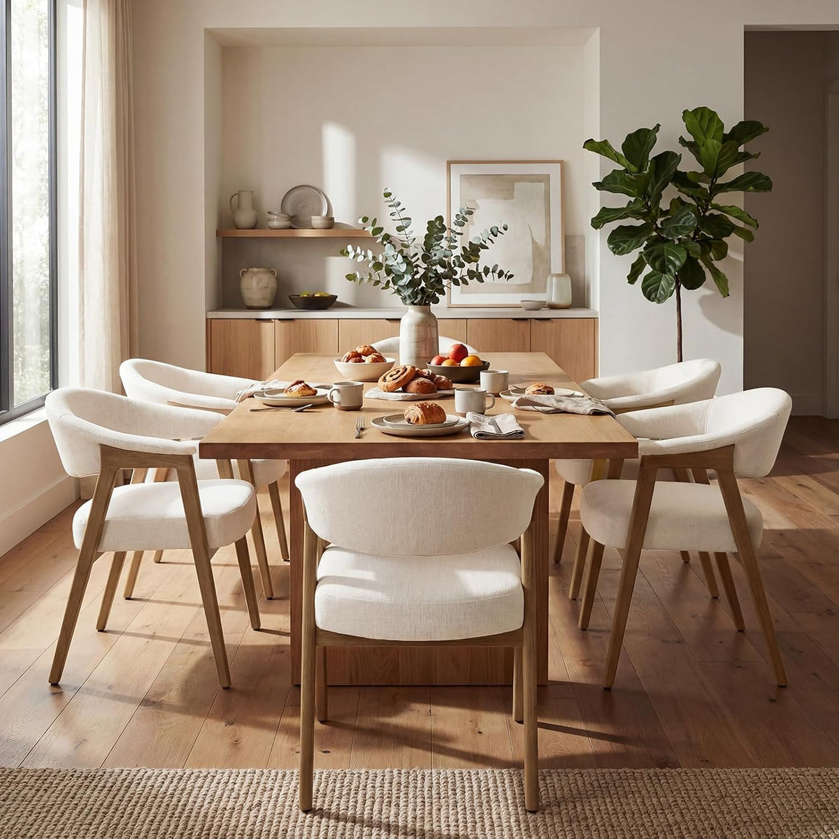 CIMOTA Upholstered Dining Chairs with Arms Set of 6, Mid Century Modern Kitchen & Dining Room Chairs, Comfortable Curved Backrest & Trapezoid Solid Wood Legs, Linen Beige