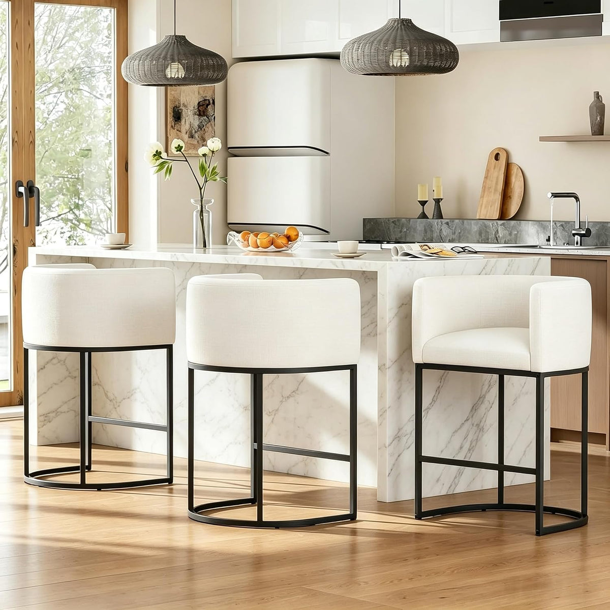 26" H Counter Height Bar Stools Set of 2, Modern Barrel Counter Stools with Backrest and Arms, Linen Fabric Upholstered Accent Barstools for Kitchen Island,Support 450 LBS (White)