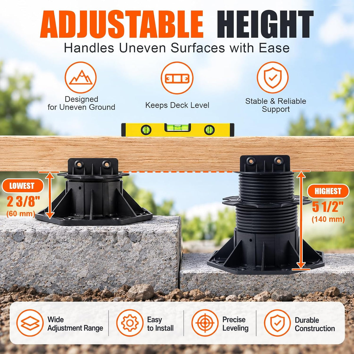 adjustable support pedestal foundation base for floating deck, close-up detail