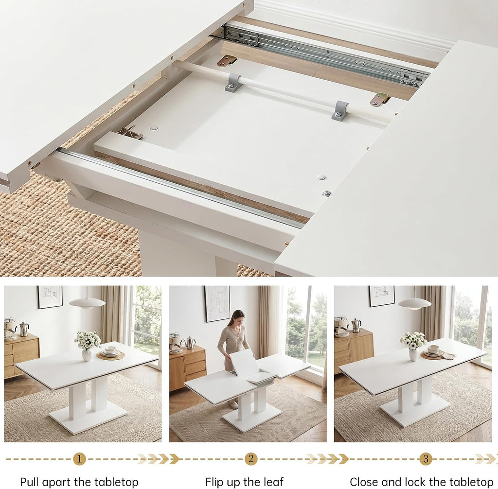 HIPIHOM Extendable Dining Table Set, White Table + 6 Beige Pu Chairs