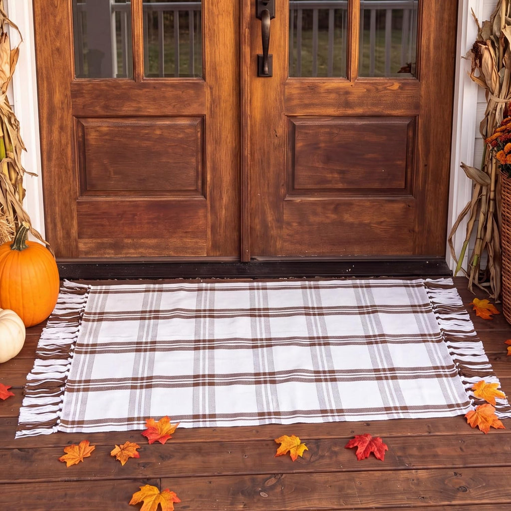 Breling Fall Outdoor Rug 28" x 43" Beige Plaid Door Mat with Tassels