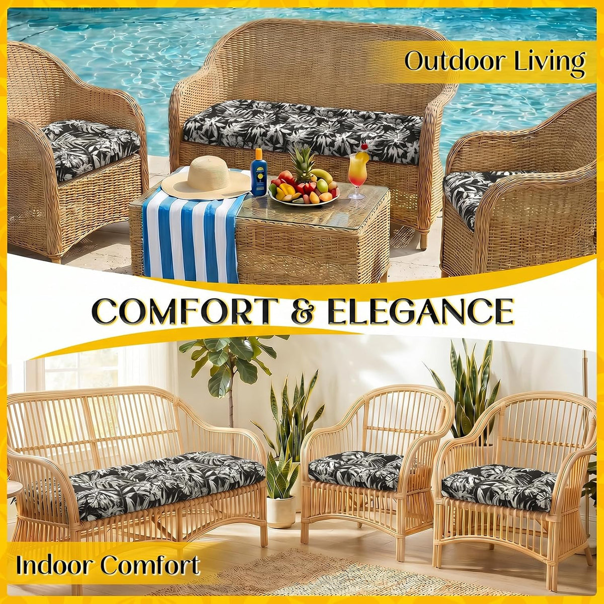 1 MIDDLE ONE Wicker Chair Cushions 3 Pieces Set for Outdoor Furniture, Replacement Patio Wicker Furniture Cushions, 1Pc Loveseat Cushion & 2Pcs Chair Cushions (Black Monstera)