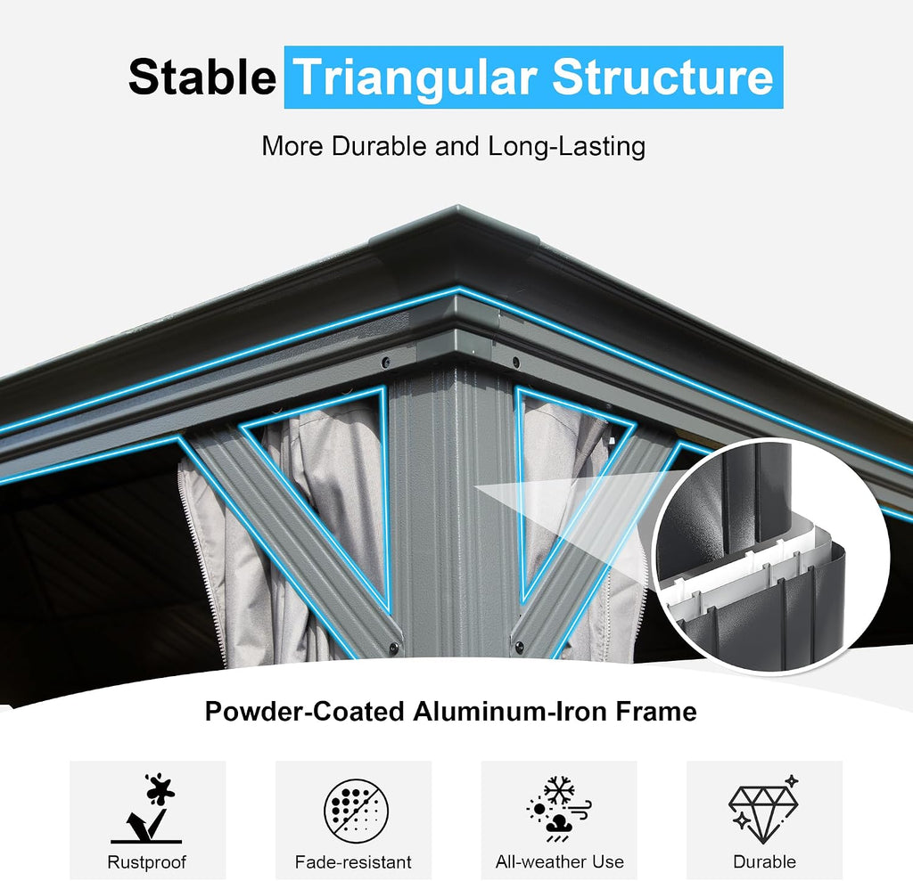 Domi 14’ x 24’ Outdoor Hardtop Gazebo, Upgraded Metal Gazebo with Galvanized Steel Double Roof, Heavy Duty Canopy Permanent Pavilion for Patio Lawn and Garden, Curtains and Netting Included, Grey