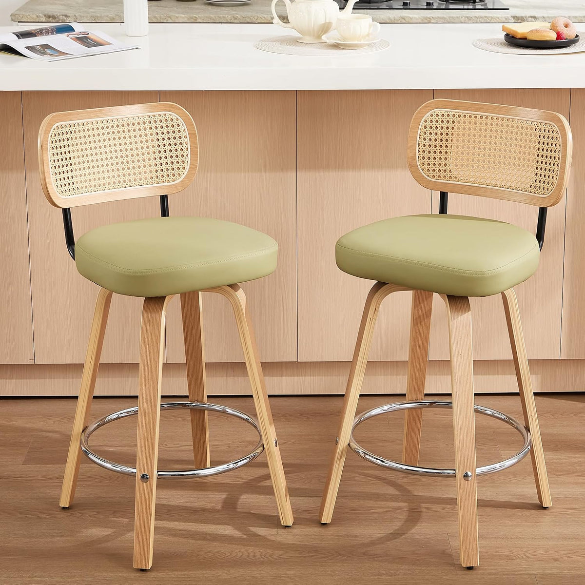 Rattan Bar Stools Set of 2,Upholstered PU Leather, 26‘’ Counter Height Barstools with Back and Wood Legs,360°Swivel,Mid-Century Modern Bar Stool for Kitchen Island Dining Room and Bar(Grass Green)